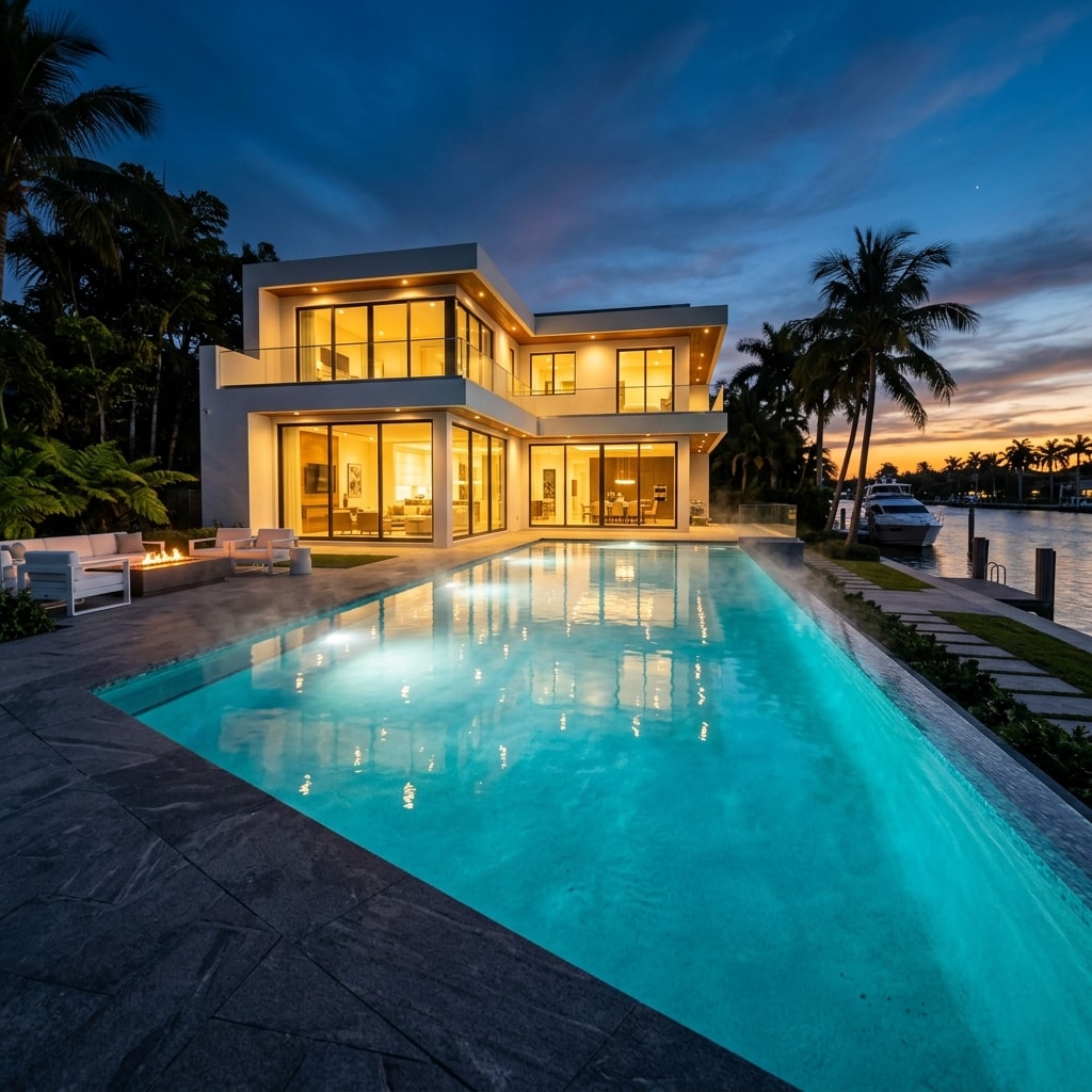 Luxury swimming pool at dusk — JJ Pools and SPA